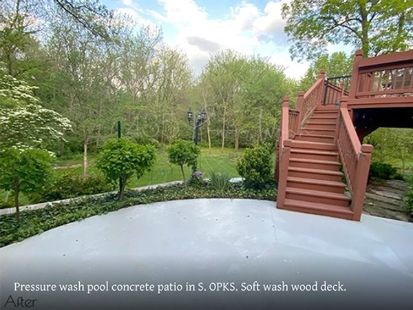 Powerwash pool patio. Softwash wooden deck Overland Park KS. Soft pressure wash wood patio OPKS